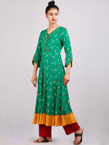 Parrot Green Mustard Bandhani  Printed Glace Cotton Kurta  - K187F1848