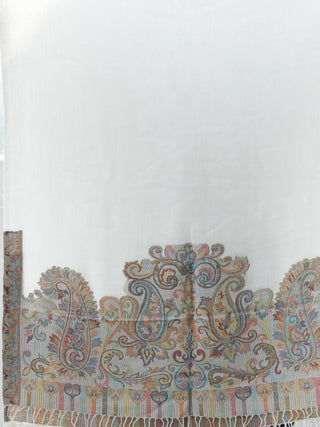 Ivory Multi Color Paisly Weaved Border Silk Wool Kashmiri Stole - S200573