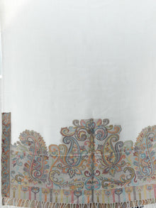 Ivory Multi Color Paisly Weaved Border Silk Wool Kashmiri Stole - S200573
