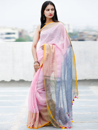 Baby Pink Blue Orange Golden Handwoven Linen Saree With Zari Border & Tassels - S031703754