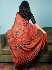 Red Indigo Black Ajrakh Hand Block Printed Modal Silk Saree in Natural Colors - S031703362