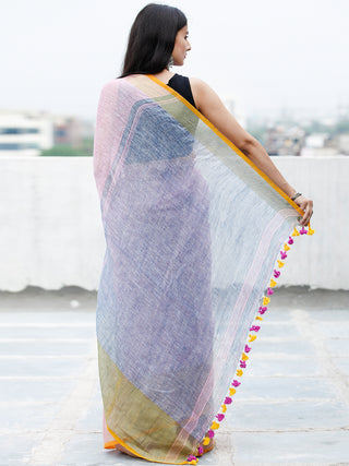 Baby Pink Blue Orange Golden Handwoven Linen Saree With Zari Border & Tassels - S031703754