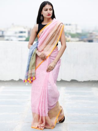 Baby Pink Blue Orange Golden Handwoven Linen Saree With Zari Border & Tassels - S031703754
