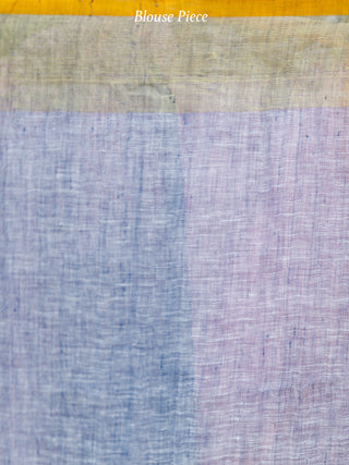 Baby Pink Blue Orange Golden Handwoven Linen Saree With Zari Border & Tassels - S031703754