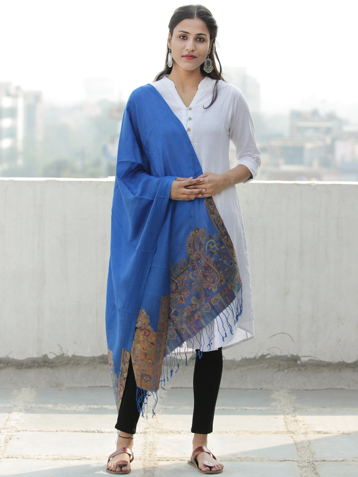 Royal Blue Multi Color Paisly Weaved Border Silk Wool Kashmiri Stole - S200570
