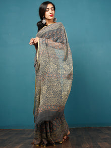 Grey Coral Lime Hand Block Printed Chiffon Saree with Zari Border - S031702790