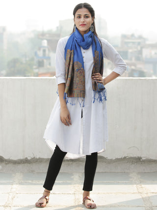 Royal Blue Multi Color Paisly Weaved Border Silk Wool Kashmiri Stole - S200570