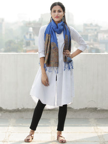 Royal Blue Multi Color Paisly Weaved Border Silk Wool Kashmiri Stole - S200570