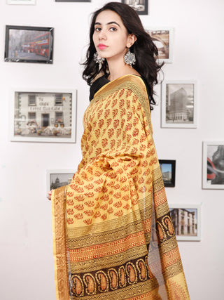Yellow Maroon Black Bagh Printed Maheshwari Cotton Saree - S031703340
