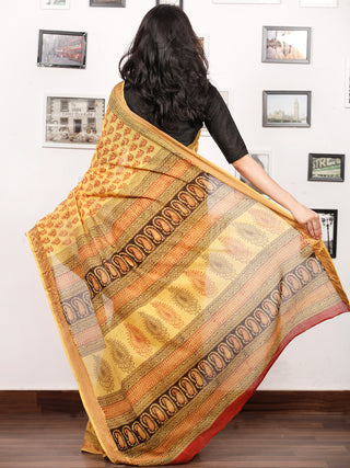 Yellow Maroon Black Bagh Printed Maheshwari Cotton Saree - S031703340