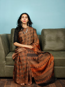 Brown Rust Black Ajrakh Hand Block Printed Modal Silk Saree in Natural Colors - S031703364