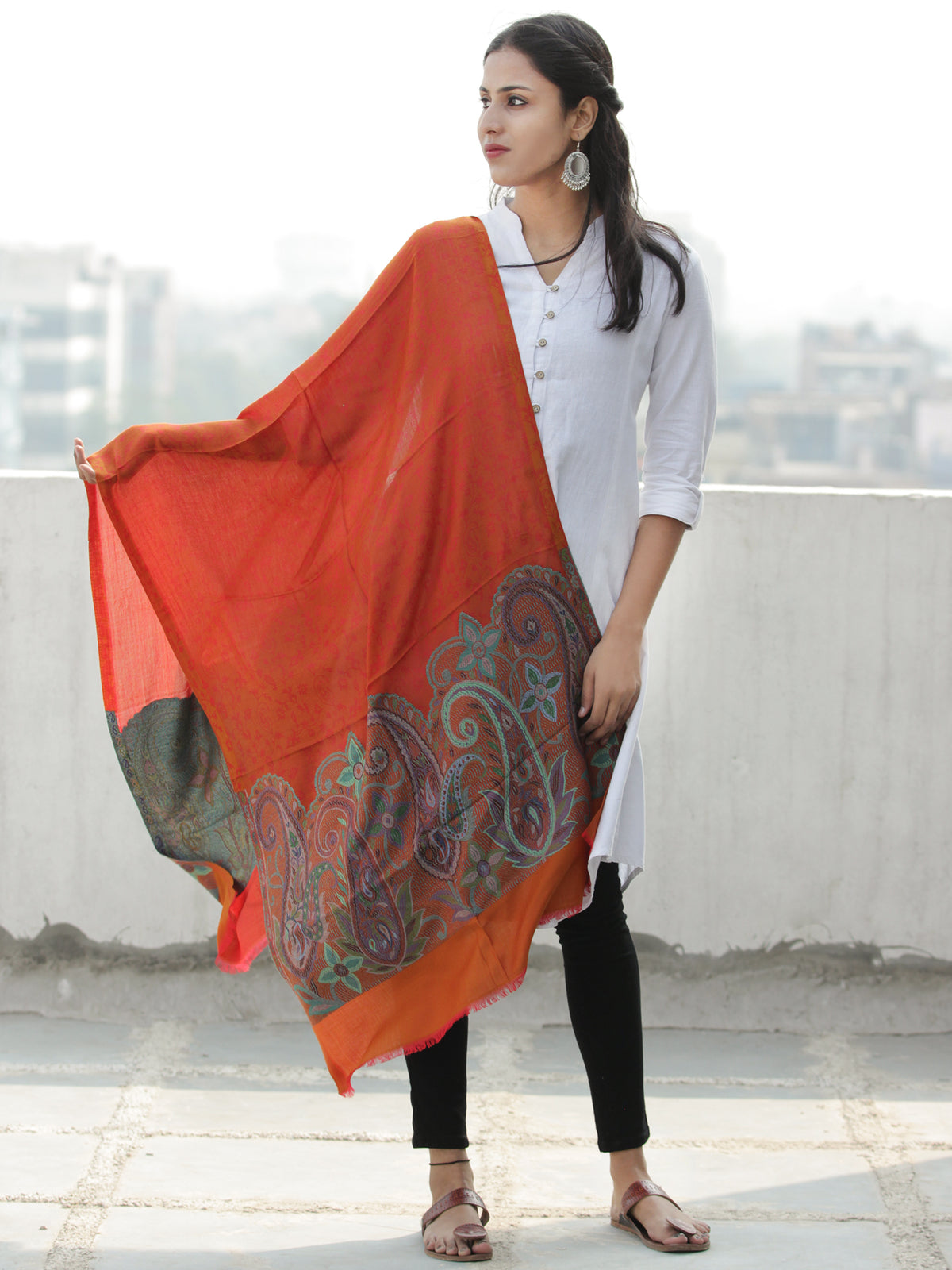 Dark Orange Multi Color Paisly Weaved Border Silk Wool Kashmiri Stole - S200575