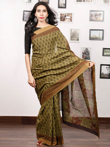 Olive Green Rust Black Bagh Printed Maheshwari Cotton Saree - S031703324