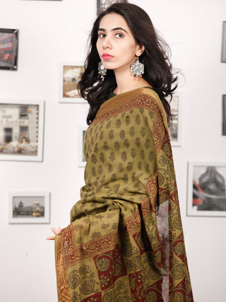 Olive Green Rust Black Bagh Printed Maheshwari Cotton Saree - S031703324