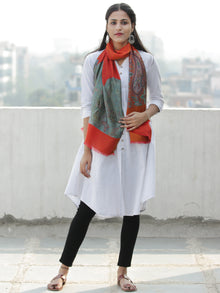 Dark Orange Multi Color Paisly Weaved Border Silk Wool Kashmiri Stole - S200575
