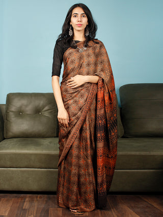 Brown Rust Black Ajrakh Hand Block Printed Modal Silk Saree in Natural Colors - S031703364