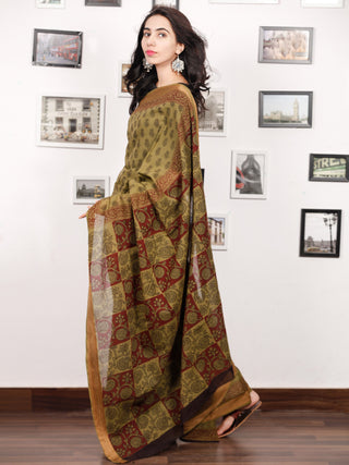 Olive Green Rust Black Bagh Printed Maheshwari Cotton Saree - S031703324