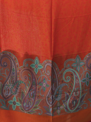 Dark Orange Multi Color Paisly Weaved Border Silk Wool Kashmiri Stole - S200575