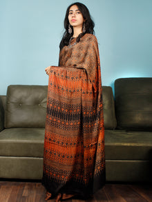 Brown Rust Black Ajrakh Hand Block Printed Modal Silk Saree in Natural Colors - S031703364