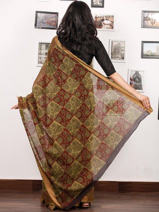 Olive Green Rust Black Bagh Printed Maheshwari Cotton Saree - S031703324
