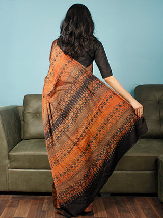 Brown Rust Black Ajrakh Hand Block Printed Modal Silk Saree in Natural Colors - S031703364