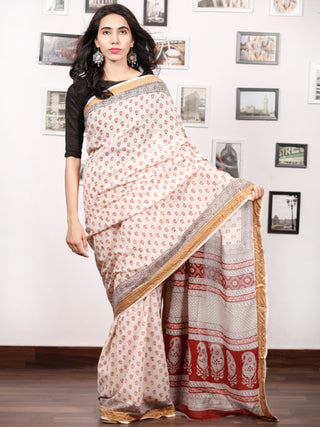 Light Beige Maroon Black Bagh Printed Maheshwari Cotton Saree - S031703323