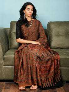 Brown Rust Black Ajrakh Hand Block Printed Modal Silk Saree in Natural Colors - S031703365