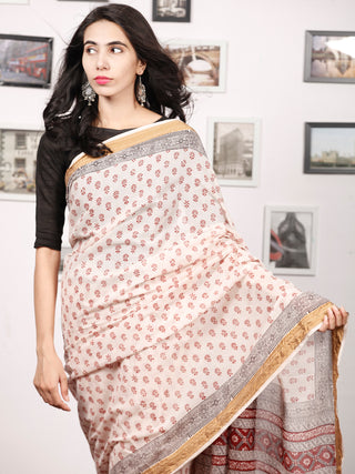 Light Beige Maroon Black Bagh Printed Maheshwari Cotton Saree - S031703323
