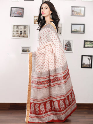 Light Beige Maroon Black Bagh Printed Maheshwari Cotton Saree - S031703323