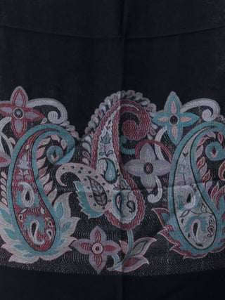 Black Multi Color Paisly Weaved Border Silk Wool Kashmiri Stole - S200572