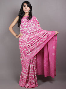 Pastel Pink White Hand Block Printed in Natural Colors Cotton Mul Saree - S03170425