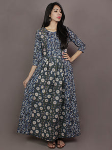 Indigo Basil Green Beige Ivory Hand Block Printed Long Princess Line Cotton Dress With Pockets - D2740301