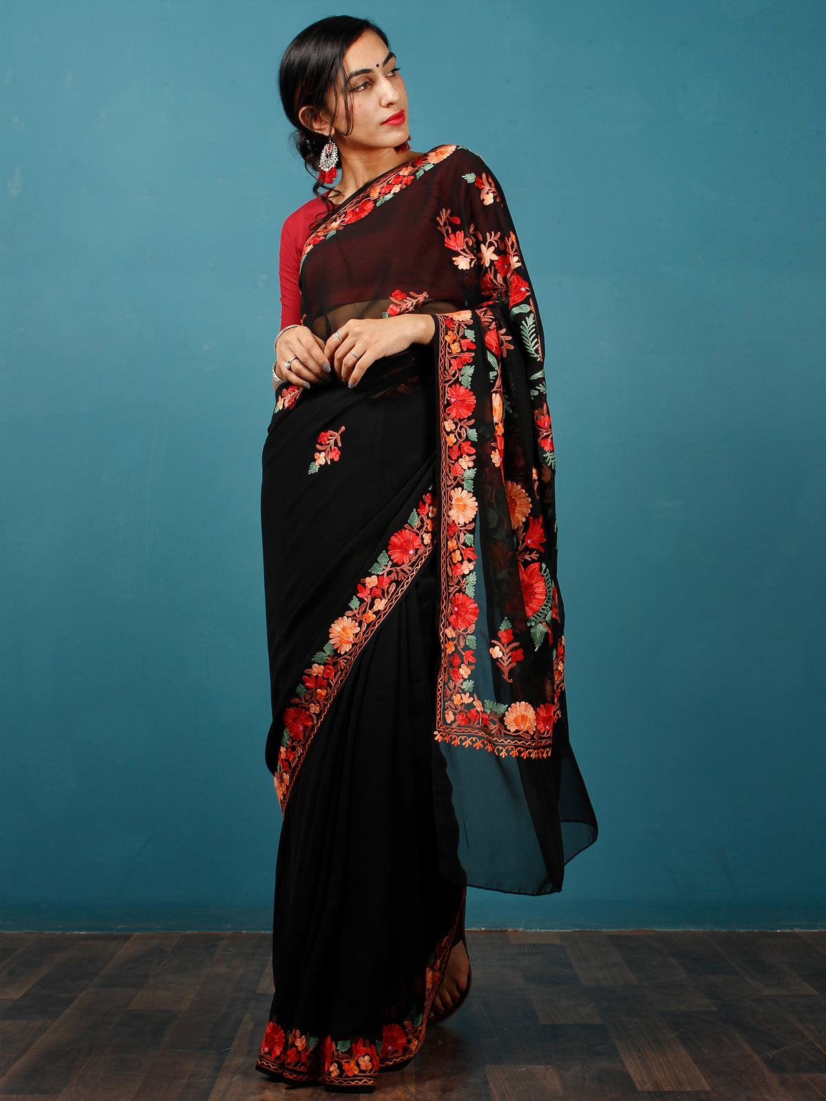 Black Red Green Aari Embroidered Crepe Silk Saree From Kashmir  - S031703055