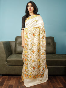 Ivory Yellow Rust Green Aari Embroidered Bhagalpuri Silk Saree From Kashmir  - S031704064