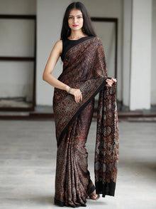 Black Reddish Brown Blue Beige Ajrakh Hand Block Printed Modal Silk Saree in Natural Colors - S031703731