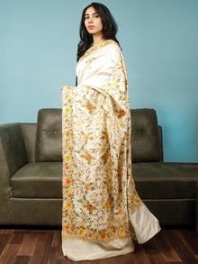 Ivory Yellow Rust Green Aari Embroidered Bhagalpuri Silk Saree From Kashmir  - S031704064