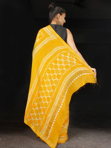 Yellow White Hand Block Printed Handwoven Linen Saree With Zari Border - S031703585