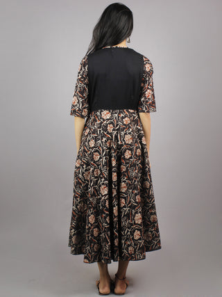 Black Maroon Ivory Hand Block Cotton & Rayon Empire Line Dress - D3858301