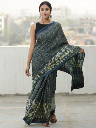 Green Indigo Ivory Ajrakh Hand Block Printed Modal Silk Saree in Natural Colors - S031704113