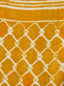 Yellow White Hand Block Printed Handwoven Linen Saree With Zari Border - S031703585