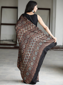 Black Reddish Brown Blue Beige Ajrakh Hand Block Printed Modal Silk Saree in Natural Colors - S031703731