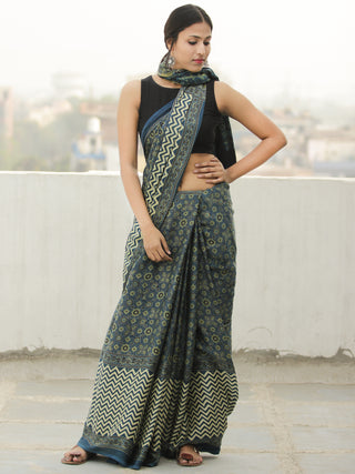 Green Indigo Ivory Ajrakh Hand Block Printed Modal Silk Saree in Natural Colors - S031704113