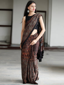 Black Reddish Brown Blue Beige Ajrakh Hand Block Printed Modal Silk Saree in Natural Colors - S031703731