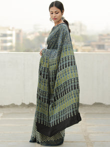 Green Indigo Ivory Ajrakh Hand Block Printed Modal Silk Saree in Natural Colors - S031704113