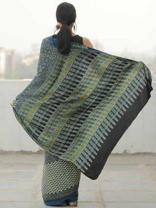 Green Indigo Ivory Ajrakh Hand Block Printed Modal Silk Saree in Natural Colors - S031704113
