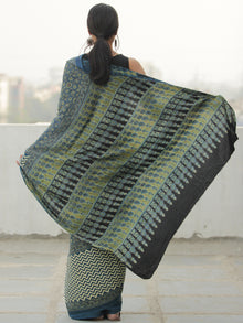 Green Indigo Ivory Ajrakh Hand Block Printed Modal Silk Saree in Natural Colors - S031704113