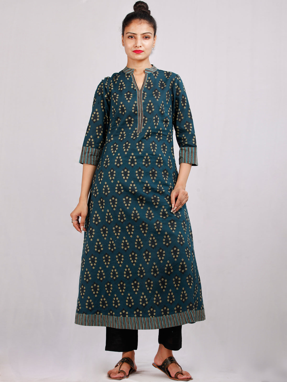 Hunter Green Black Yellow Hand Block Printed Cotton Kurta - K191F1882