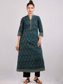 Hunter Green Black Yellow Hand Block Printed Cotton Kurta - K191F1882