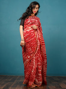 Red White Hand Block Printed & Hand Brushed Chiffon Saree with Zari Border - S031702793