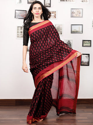 Black Pink Bagh Printed Maheshwari Cotton Saree - S031703325